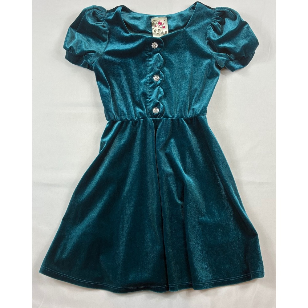 Jenna & Jessie Velvet Dress Girls Size 8 Teal Blue Holiday Party Scalloped Dress